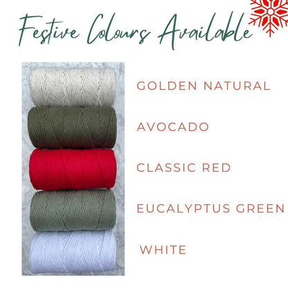 Five spools of thread in different colors with text indicating festive color options.