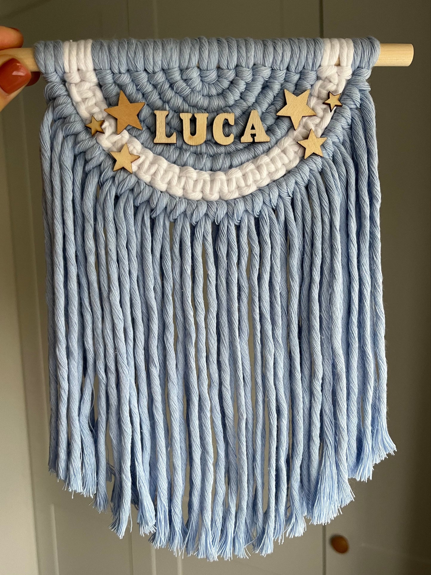 Personalised blue macramé semi circle wall hanging with wooden stars