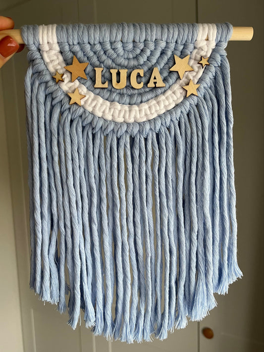 Personalised blue macramé semi circle wall hanging with wooden stars