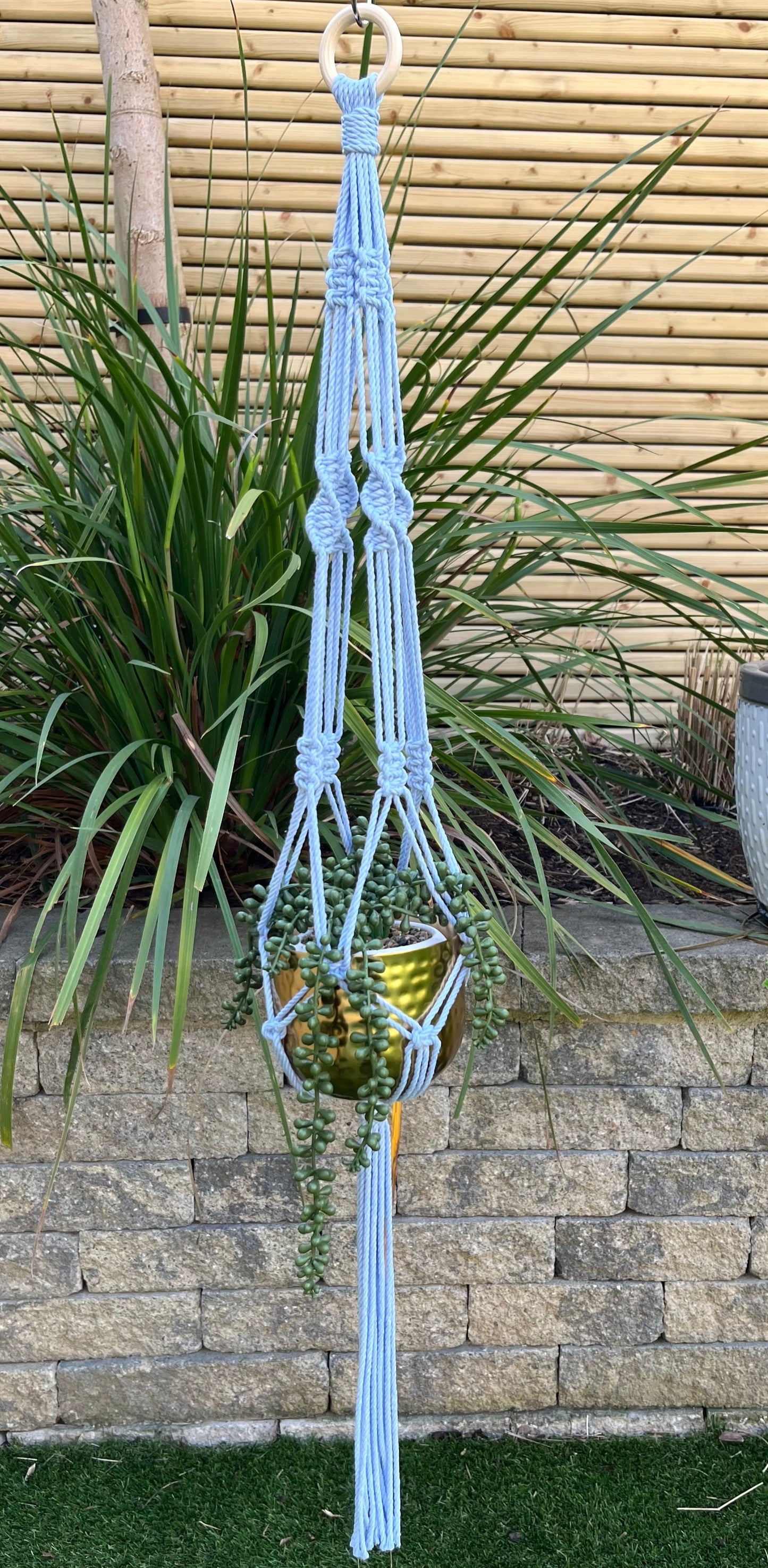 Macramé plant hanger in blue with a gold pot and trailing plant