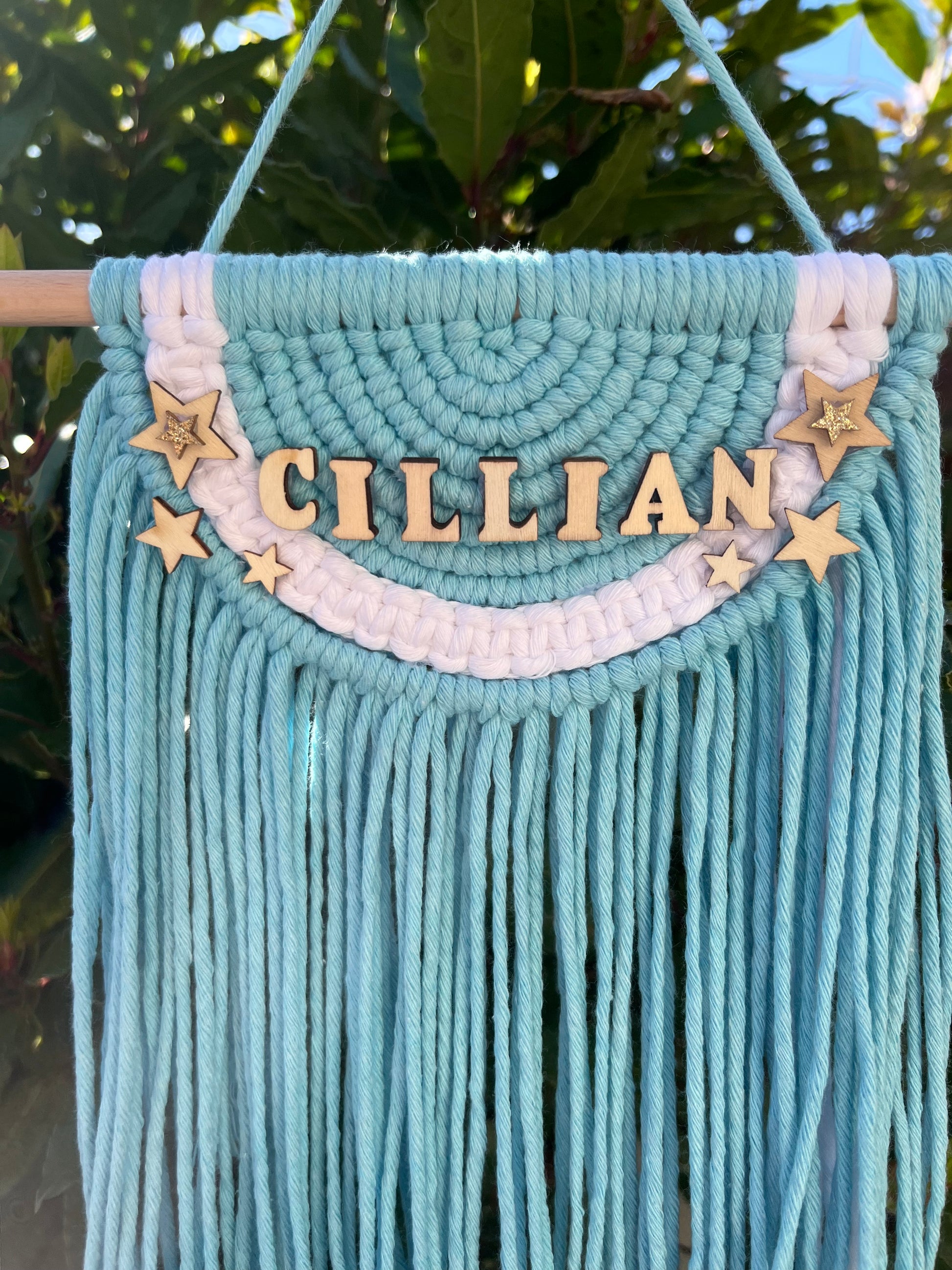 Personalised blue macramé semi circle wall hanging with wooden stars