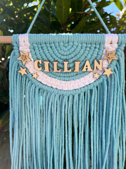 Personalised blue macramé semi circle wall hanging with wooden stars