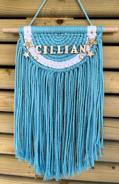 Personalised blue macramé semi circle wall hanging with wooden stars